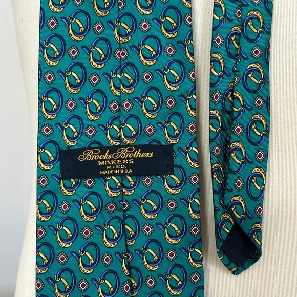 Brooks Brothers Makers Mens Silk Geometric Links Necktie Green Blue - Picture 4 of 4